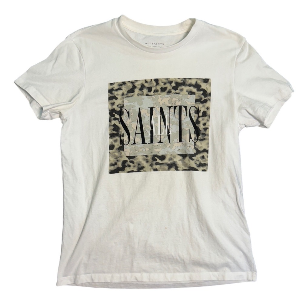 AllSaints Mens Graphic T-Shirt White Leopard Camo Saints Logo Size Small
